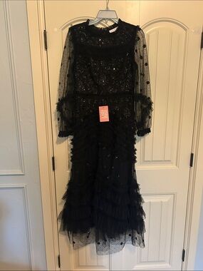 NWT Ivy City Co Black Beaded & Ruffle Tulle Maxi Dress